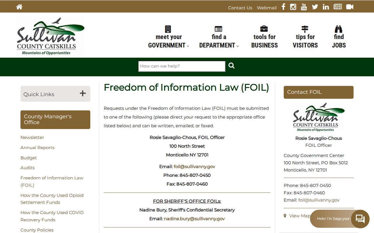 Sullivan County booking record FOIL request page